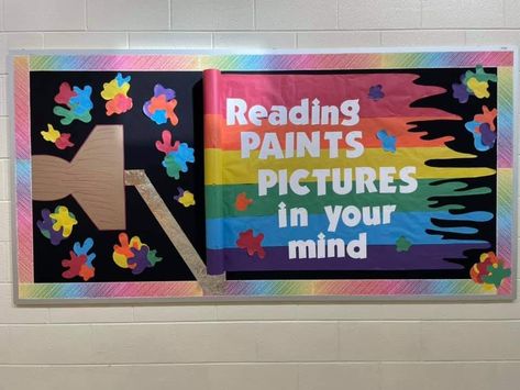 Elementary Library Decor Themes, Read The Rainbow Bulletin Board, Color Our World Summer Reading 2025, Reading Rainbow Bulletin Board, Elementary Library Bulletin Board Ideas, Rainbow Reading Corner, School Library Book Displays, Book Exhibition, Book Bulletin Board