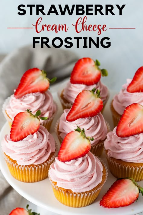 A plate of vanilla cupcakes with strawberry frosting and a sliced strawberry on top. Strawberry Cupcake Frosting Recipe, Strawberry Cream Cheese Frosting Easy, Simple Easy Desserts, Adults Quotes, Chocolate Chocolate Cookies, Strawberry Drizzle, Healthy Smash Cake, Cupcake Frosting Recipes, Cream Cheese Cupcakes