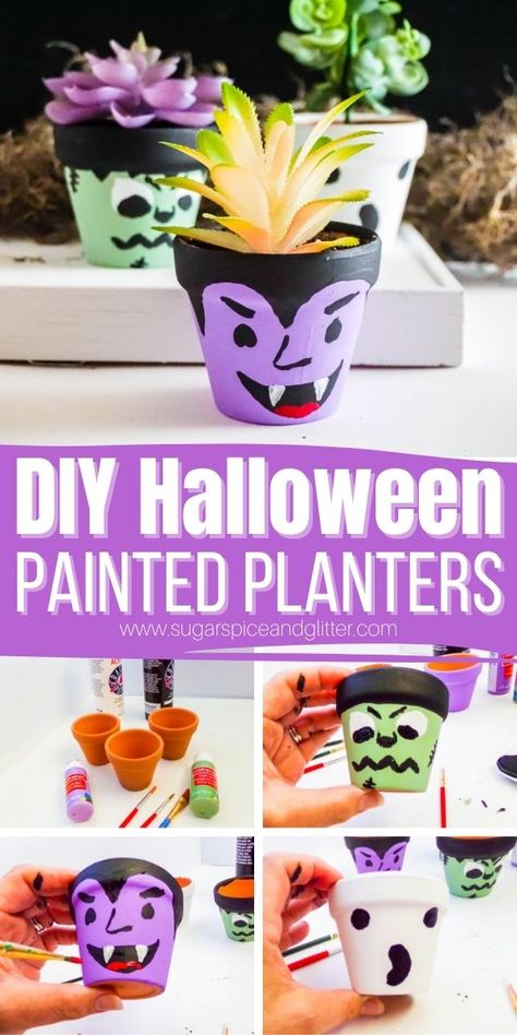 How to make DIY Halloween Painted Planters, a simple Halloween craft activity you can do with kids of any age! Kids can paint their own planter, pot their plant and then take care of their plant all season long. Plant Pot Painting Ideas Simple, Halloween Painted Pots, Painted Pots Halloween, Halloween Clay Pots To Paint, Halloween Planter Ideas, Spooky Painted Pots, Halloween Painted Plant Pots, Planter Crafts, Kid Friendly Halloween Crafts