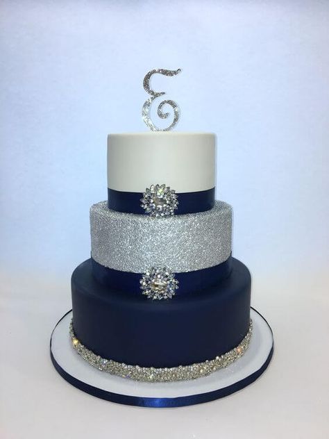 Wedding cakes for Navy, Grey and White Winter Wedding Blue And White Wedding Cake, Western Wedding Cakes, Navy Blue Wedding Cakes, Wedding Cake Navy, Silver Wedding Cake, Blue And White Wedding, Big Wedding Cakes, White Winter Wedding, Sweet 16 Cakes