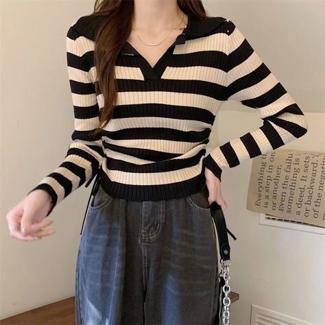 Polo T Shirts Women, Striped Tops Women, Knitted Collar, Top Shirt Women, Knitted Tops, Collar Top, Knitted Tshirt, T Shirt Top, Sweater Outfits