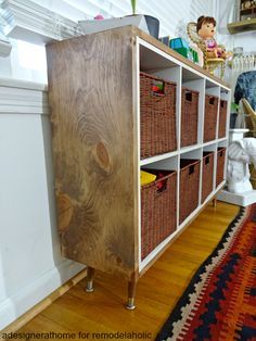 really interesting wood grain on side of made over cubby organizer Ikea Cubby, Ikea Cube Shelves, Ikea Cubes, Shelf Makeover, Cubby Organizer, Cube Furniture, Ikea Kallax Shelf, Cube Shelf, Ikea Kallax Hack