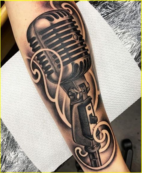 Microphone Tattoo Design, Cool Music Tattoos, Tattoos For Music Lovers Unique, Music Note Tattoo Ideas, Music Tattoos Men, Tattoos For Music Lovers, Music Tats, Mic Tattoo, Music Related Tattoos