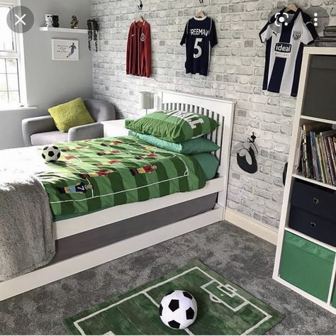 Liverpool Bedroom, Football Bedroom Ideas, Ideas For Boys Bedrooms, Boys Football Bedroom, Brick Wallpaper Bedroom, Football Room, Football Bedroom, Soccer Room, Bedroom Closet Doors