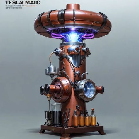 The image is of a steampunk-style Tesla coil. It has a large copper coil at the top, with a smaller coil below it. There are several glass tubes and other objects attached to the coil, and it is surrounded by a metal frame. The coil is giving off a blue electrical glow. Steampunk Electricity, Atompunk Aesthetic, Tesla Coil, Dungeon Maps, Steampunk Style, Steampunk Fashion, Image Generator, Coils, Tesla