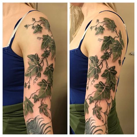 Ivy Sleeve Tattoos For Women, Ivy Tattoo Traditional, Ivy And Flowers Tattoo, Ivy Tattoo Arm, Ivy Sleeve Tattoo, Ivy Vines Tattoo, Ivy Plant Tattoo, Poison Ivy Tattoo Vines, English Ivy Tattoo