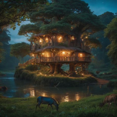 Big Treehouse, Magical Treehouse, Treehouse Aesthetic, Tree House Interior Concept Art, Fantasy Treehouse Art, Treehouse City Concept Art, Fantasy Treehouse Village, Treehouse Fantasy Art, Minecraft Treehouses