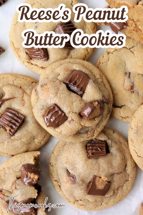 Reces Peanut Butter Cup Cookies, Reece’s Peanut Butter Cookies, Desserts With Reeses Peanut Butter Cups, Resses Peanut Butter Cookies, Peanut Butter Reese Cup Cookies, Reese's Peanut Butter Cookies, Peanut Butter Cookies With Reeses Cups, Recees Peanut Butter Cookies, Reese’s Peanut Butter Cookies