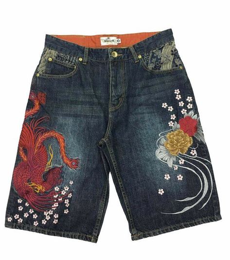 Mens Jeans Shorts Capri Denim Japanese Pattern Embroidery Phoenix Suzaku Bird Mode Hippie, 2000s Fashion Outfits, Pattern Embroidery, Y2k Outfits, Swaggy Outfits, Mode Inspo, Saturday Sunday, Short En Jean, 2000s Fashion