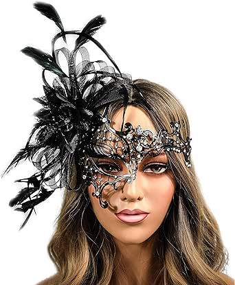 Black Metal Masquerade Mask for Women Halloween Costume Feather Party Masks Feathers Venetian Mardi Gras Burlesque Mask Mask For Ball Masquerade Party, Mask Ball Outfit, Masks Feathers, Masquerade Mask Ideas, Masked Ball Outfit, Masquerade Ideas, Feather Party, New Years Eve Ball, Mask Ball