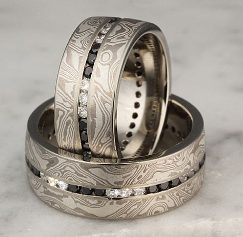 Black and white diamonds in mokume wedding rings Holy Matrimony, Black Wedding Rings, Black Diamonds, Mens Wedding Rings, Men's Rings, Designer Engagement Rings, Mens Wedding Bands, White Diamonds, Black Rings