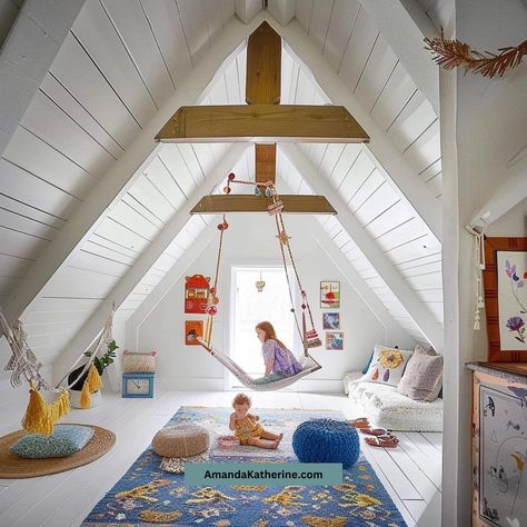 40 Fun Kids Playroom Ideas That Are Aesthetically Pleasing - Amanda Katherine Attic Turned Playroom, Playroom With Slanted Ceiling, Slanted Ceiling Playroom Ideas, Bonus Attic Room Ideas, Attic Study Room Sloped Ceiling, Garage Loft Room, Attic Playroom Ideas Sloped Ceiling Slanted Walls, Slanted Ceiling Playroom, Vaulted Ceiling Playroom