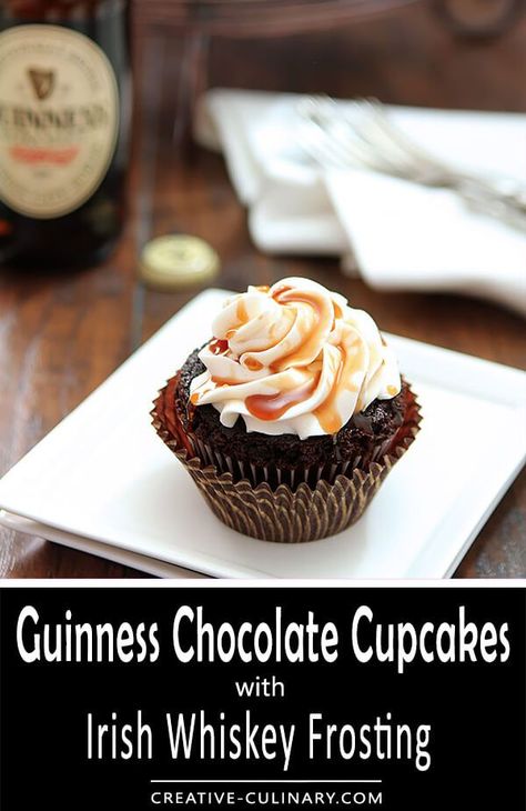 With St. Patrick's Day on the horizon I thought these Guinness Chocolate Cupcakes with Irish Whiskey Frosting would be the perfect sweet for a holiday get together. In my kitchen beer isn't just for drinking; and Guinness adds a great touch to these baked goods! Bailey Irish Cream Cupcakes, Chocolate Guinness Cupcakes, Guinness Cupcakes Baileys Frosting, Irish Cupcakes St Patrick's Day, Irish Carbomb Cupcakes, Chocolate Whiskey Cupcakes, Irish Whiskey Desserts, Guiness Cupcakes, Whiskey Frosting