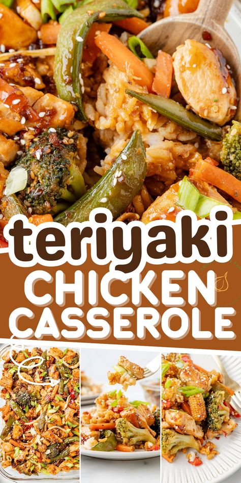 Teriyaki Chicken Casserole is the perfect weeknight meal because it's a complete meal in one! This easy chicken casserole has tender chicken chunks, stir fry vegetables, white rice, and teriyaki sauce. Simple flavors that the entire family will love. One Pan Chicken Teriyaki, Chicken Stir Fry Casserole, Thai Chicken Casserole, Chinese Chicken Casserole Recipes, Teriyaki Chicken Casserole Recipe, Chicken Asian Recipes, Chicken And Vegetable Bake, Quick Casserole Recipes, Teriyaki Chicken Casserole