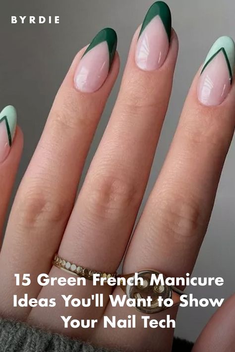 15 Green French Manicure Ideas You'll Love Green And Black French Tip Nails, Green Tipped Nails, Spring Green Nails Ideas, Green Glitter French Tip Nails, Irish Nails Designs, Dark Green French Tip Nails, Green Tip Nails, Irish Nail Designs, Unique French Manicure