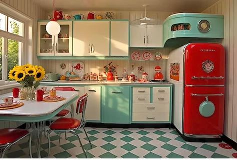 Atomic Age Kitchen, Diner Kitchen Theme, 50s Style House, 1950s Fridge, Retro Home Decor 1950s, Fifties Kitchen, 50s Style Kitchens, Diner Style Kitchen, 50s Diner Kitchen