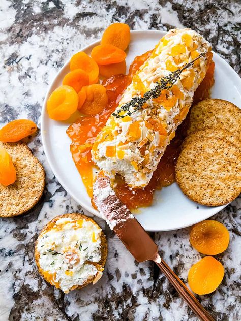 This Apricot Almond Goat Cheese Log is a fast and easy goat cheese appetizer recipe. Perfect for a party or holiday gathering. Gluten free, sweet and salty. #goatcheeselog #goatcheeseappetizer #apricotrecipes #holidayappetizer Goat Cheese Recipes Appetizers, Goat Cheese Log, Cheese Appetizers Easy, Goat Cheese Spread, Goat Cheese Appetizer, Cheese Log, Apricot Recipes, Cheese Appetizer, Goat Cheese Recipes