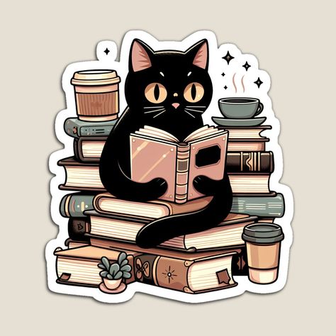 Get my art printed on awesome products. Support me at Redbubble #RBandME: https://www.redbubble.com/i/magnet/Cozy-Black-Cat-Reading-by-margi3/161743482.TBCTK?asc=u Reading Art Drawing, Cute White Cats, Black Cat Reading, Cat Reading A Book, Reading Artwork, Bookmarks Print, Stickers Books, Cats And Books, Weird Stickers