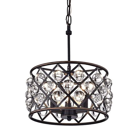 Edvivi Azha 3-Light Oil Rubbed Bronze Drum Pendant Chandelier with Crystal Spheres | ORB | Glam Lighting - - Amazon.com Antique Bronze Chandelier, Glam Lighting, Bronze Chandelier, Round Chandelier, Contemporary Chandelier, 3 Light Pendant, Drum Pendant, Drum Chandelier, Crystal Light