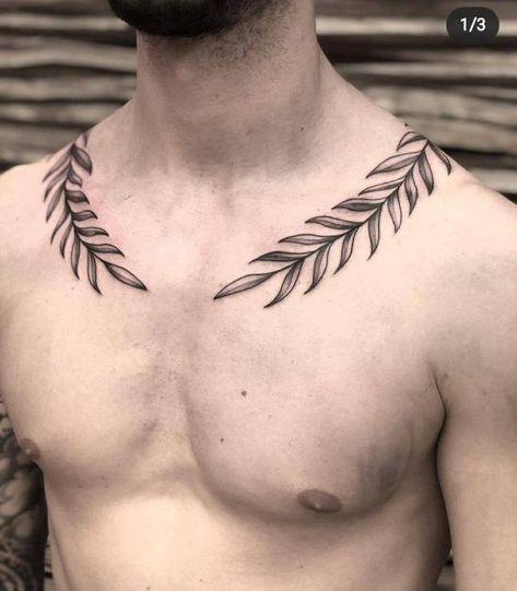 Creativos tatuajes alrededor del cuello a 5 estilos Leaf Chest Tattoo Men, Laurel Tattoo Men, Collarbone Tattoo Men, Laurel Tattoo, Laurel Wreath Tattoo, Collar Bone Tattoo For Men, Collar Tattoo, Olive Branch Tattoo, Wreath Tattoo