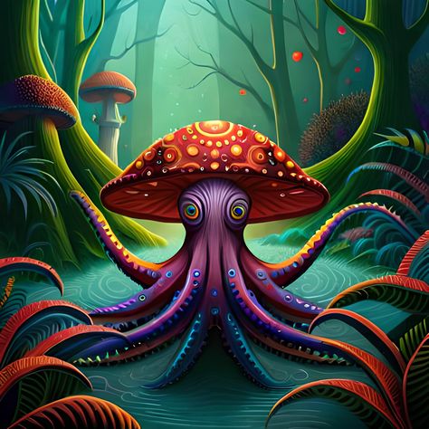 Mushroom Octopus Art, Mushroom Octopus, Emo Cartoons, Anchor Painting, Colorful Mushrooms, Mushroom Painting, Octopus Painting, Mushroom Paint, Mushroom Tattoos