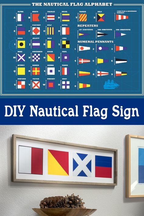 Create a unique nautical flag sign that says "Home" using the nautical alphabet and bold tape! This is an easy craft and makes great decor. Signal Flags Decor, Nautical Flags Decor, Nautical Flag Art, Nautical Flag Alphabet, Nautical Themed Bedroom, Nautical Decor Diy, Ruler Crafts, Nautical Alphabet, Diy Nautical Decor