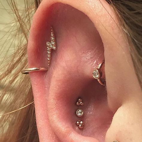 Triple Love Piercing, Stretched Conch, Tragus And Conch Piercing, Triple Conch, Triple Conch Piercing, Triple Piercing, Ear Styling, Ear Ideas, Anti Tragus Piercing