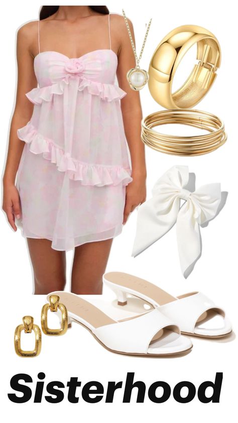 gold jewelry, gold, pink dress, white heels Sorority Rush Outfits, Rush Week, Sorority Recruitment Outfits, Rush Outfits, Recruitment Outfits, Sorority Rush, Gamma Phi Beta, Gamma Phi, Sorority Recruitment