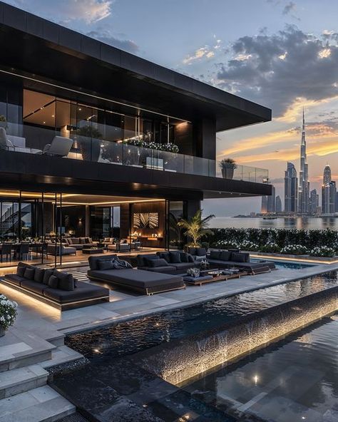 Penthouse Modern Interior Design, Huge Modern Mansion Exterior, Drake Mansion Interior, Modern Mansion Garage, Luxury House Outside Design, Modern Luxury House Design Interior, Best Modern House Design Interior, Black Mansions Luxury, Dubai Mansions Luxury