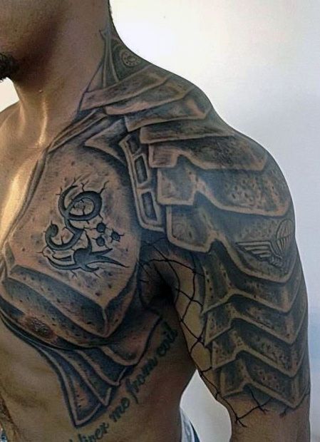 Creative Men's Half Sleeve Tattoo Designs Armour Tattoo, Celtic Tattoos For Men, Shoulder Armor Tattoo, Tato Maori, Body Armor Tattoo, Gladiator Tattoo, Cool Half Sleeve Tattoos, Spartan Tattoo, Armor Tattoo