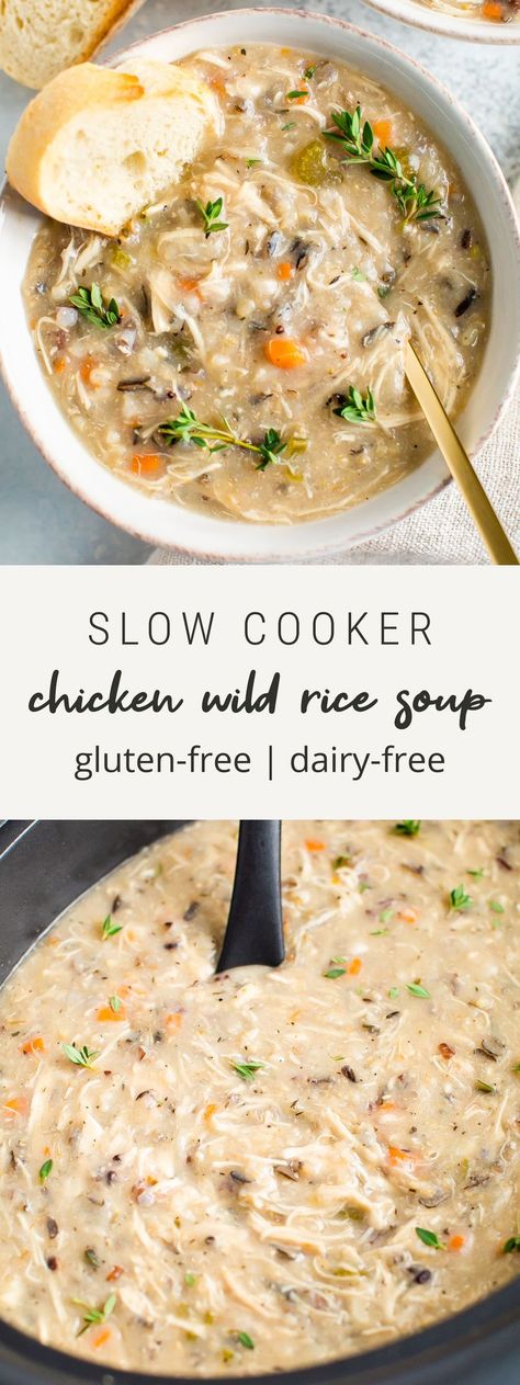 This healthy slow cooker chicken wild rice soup is creamy and comforting, but still nourishing with lots of veggies, shredded chicken and wild rice. Added bonus: it’s so easy to whip up, gluten-free + dairy-free.  #slowcookersoup #crockpotsoup #chickenwildricesoup #chickensoup #eatingbirdfood Chicken And Wild Rice Soup, Chicken Wild Rice, Slow Cooker Creamy Chicken, Chicken Wild Rice Soup, Dairy Free Soup, Easy Slow Cooker Chicken, Chicken And Wild Rice, Wild Rice Soup, Healthy Slow Cooker