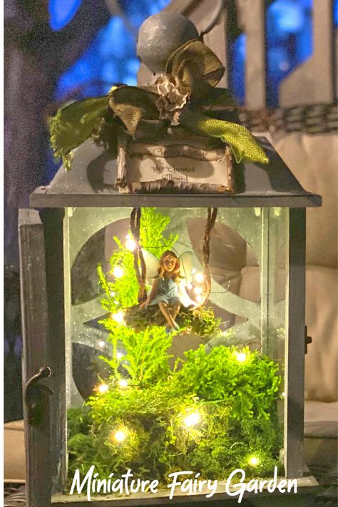 Step by step guide: creating a miniature fairy garden inside your favorite lantern. Lantern Garden Ideas, Lantern Miniature, Fairy Light Lantern, Lantern Terrarium, Quince Centerpieces, Crystal Gardens, Lantern Crafts, Fairy Lantern, Indoor Fairy Gardens