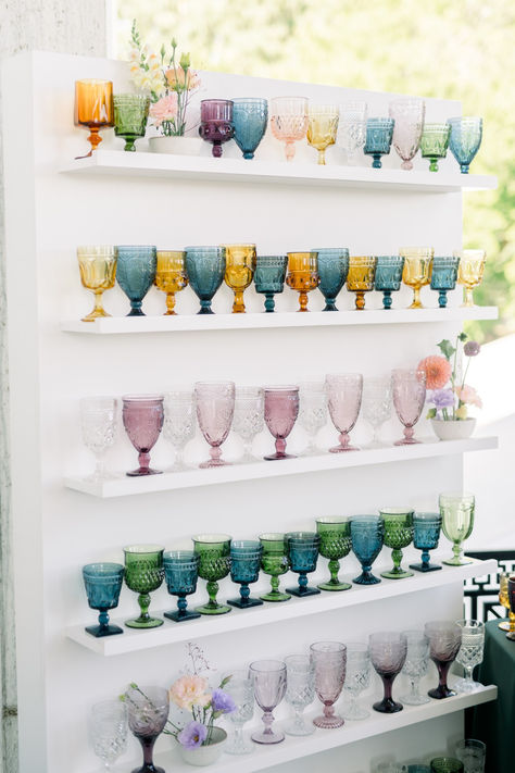 Colorful vintage wedding goblets for a sustainable wedding #weddinggoblets #vintagegoblets #colorfulgoblets #weddingcups #vintagewedding Goblet Wedding Favor, Thrifted Wine Glasses Wedding, Thrifted Glasses Wedding, Bright Pastel Wedding, Colorful Vintage Wedding, Colorful Glassware, Wedding Goblets, Wedding Glassware, Wedding Wine Glasses