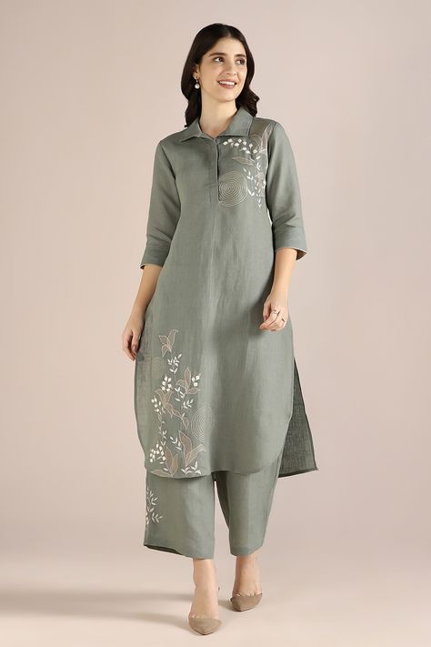 Shop for these amazing collections of Green 100% Linen Hand Embroidery Floral Honey Suckle Kurta With Pant For Women by Kaveri online at Aza Fashions. Kurta Designs Women Casual, Stylish Frocks, Honey Suckle, Simple Kurti, Hand Embroidery Dress, Designer Kurti Patterns, Simple Kurti Designs, Simple Embroidery Designs, Pant For Women