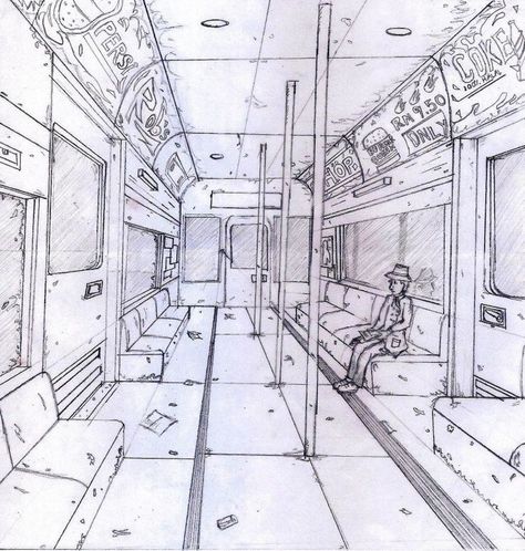 Subway Perspective Drawing, Inside Subway Train Drawing, Subway Sketch Drawings, Metro Sketch, Subway Sketch, Subway Drawing, 1 Point Perspective Drawing, Train Drawing, Composition Drawing