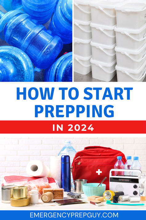 A collection of essential emergency supplies including water, food, and a first aid kit, ideal for beginners seeking prepper tips, hacks, and ideas. Prepping 101, Prepper Tips, Prepping For Beginners, Emergency Preparation, Being Prepared, Emergency Plan, Urban Survival, Emergency Prepping, Emergency Kit