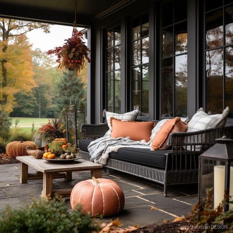 Welcome to day 5 of Autumn Porches Week. This one is dark and dreamy for a foggy Friday. 🧡 from The Feathered Nest, vF 10-6-23 Autumn Garden Decoration, Fall Benches Decor Outdoor, Fall Back Porch, Outdoor Decorations Halloween, Fall Deck Decorating Ideas, Fall Porches, Fall Pots, Autumn Porch, Fall Yard Decor