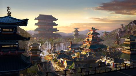 ArtStation - Feudal Japan Environment Challenge, Mauricio Pampin Japanese City Art, Japan Village, Ancient Korea, Fantasy Story Ideas, Japanese City, Japanese Village, Feudal Japan, Japan Landscape, Rpg Map