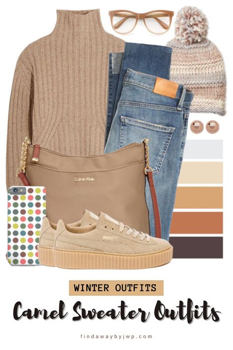 How to style a camel sweater - Fashion - Find A Way by JWP Camel Sweater Outfit Winter, Turtleneck And Cardigan Outfit, Camel Sweater Outfit, Tan Sweater Outfit, Camel Sweater, Light Blue Skirts, Winter Sweater Outfits, Ripped Pants, Winter Outfit Ideas