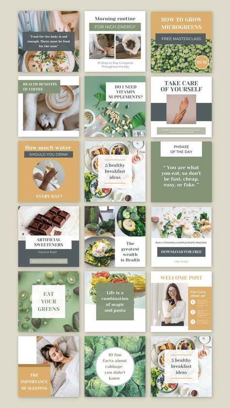 Instagram Templates Free Health And Wellness Instagram Feed Ideas, Wellness Ig Feed, Instagram Health Posts, Health Coach Instagram Feed, Health And Wellness Instagram Post Ideas, Nutrition Posts For Instagram, Lifestyle Instagram Ideas, Nutritionist Instagram Feed, Nutrition Instagram Feed