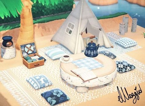 Beach Camp Site Animal Crossing, Beach Towel Animal Crossing, Acnh Beach Decoration, Animal Crossing Camp Site Ideas, Beach Towel Acnh, Nautical Animal Crossing, Acnh Observatory Ideas, Easy Animal Crossing Builds, Acnh Coastal Ideas