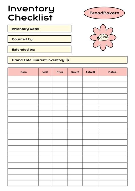 Modern BreadBakers Bakery Inventory Checklist Bakery Inventory Spreadsheet, Inventory Checklist Template, Bakery Planner, Wedding Dj Checklist, Party Planning Printable, After School Checklist, Inventory Checklist, Bill Book, Inventory Sheet