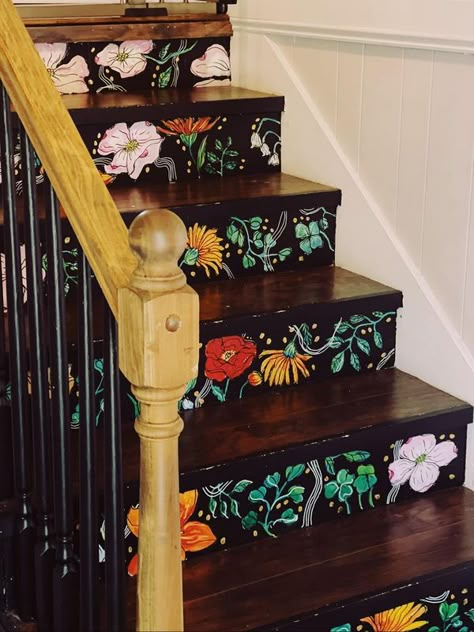 Maximalist Design and Decor | Facebook Maximalist House, Dark Academia Room Ideas, Painted Staircases, Painted Bookshelves, Stairs Makeover, Maximalist Home, Maximalist Design, Staircase Decor, Painted Stairs