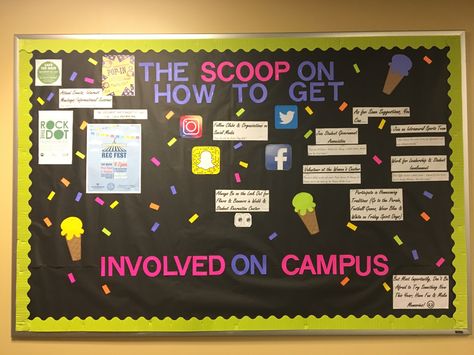 Involvement Themed Bulletin Board August Bulletin Boards, Residence Life Bulletin Boards, Resident Assistant Door Decs, Dorm Bulletin Boards, Res Life Bulletin Boards, Resident Assistant Bulletin Boards, Inspirational Bulletin Boards, February Bulletin Boards, October Bulletin Boards