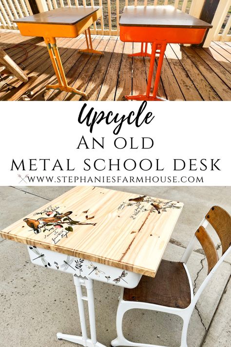 Learn how I upcycled an old metal school desk with some paint, wood, and Redesign with Prima Transfers. School Desk Makeover Diy, School Desk Repurpose, Refinished School Desk, Old School Desk Makeover, Old School Desk Ideas, Old School Desk Repurpose, School Desk Redo, Upcycle School Desk, Antique School Desk Ideas