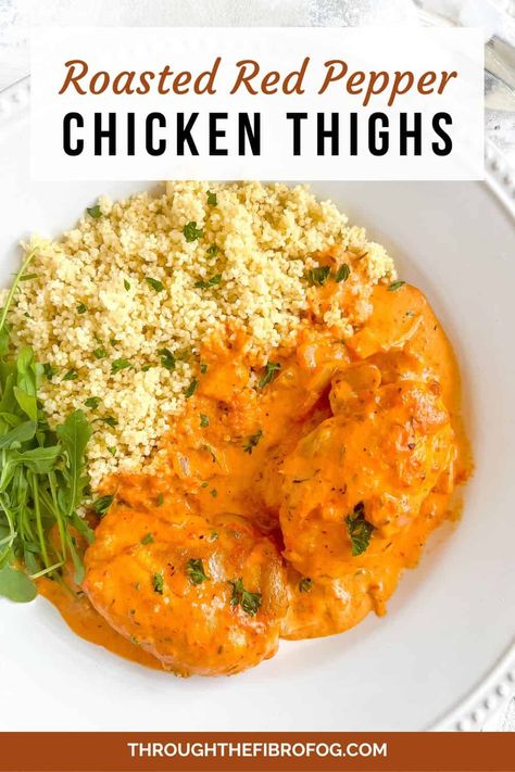 Roasted Red Pepper Chicken, Roasted Red Peppers Recipes, Red Pepper Chicken, Thanksgiving Main Dishes, Skillet Pan Recipes, Red Pepper Recipes, Fibro Fog, Chicken Thighs Recipes, Roasted Red Pepper Sauce