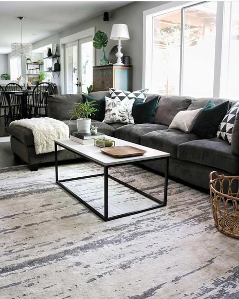 Family Room with cozy gray sectional. Charcoal Sofa Living Room, Charcoal Living Rooms, Sectional Living Room Decor, Gray Sectional Living Room, Grey Sofa Living Room, Grey Couch Living Room, Living Room Images, Living Room Decor Gray, Grey Sectional