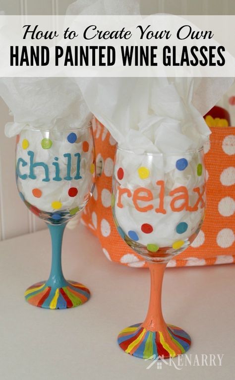 Great DIY tutorial to learn how to make hand painted wine glasses using colorful enamel paints. This would be a fun gift idea for friends! Camping Wine Glasses, Camping Wine, Colored Wine Glasses, Make Your Own Wine, Diy Wine Glasses, Wine Glass Crafts, Wine Glass Art, Glass Creations, Hand Painted Wine Glasses