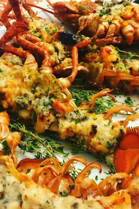 Lobster Thermidor | "This stunning lobster dish is surprisingly simple to make. Lobster shells are stuffed with cooked lobster in a creamy white wine sauce, then topped with Parmesan cheese and broiled until golden." #valentinesday #valentinesdayrecipes #valentinesrecipes #dinnerfortwo #romanticrecipes Lobster Mornay Recipes, Lobster Mornay, Baked Lobster Tails, Food Recipes Chicken, Different Types Of Food, Lobster Thermidor, Lobster Sauce, Lobster Dishes, Lobster Recipes Tail