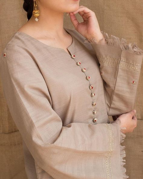 DYOT (@dyot.pk) • Instagram photos and videos Hand Designs For Kurtis, Simple Silk Dress, Designs For Kurtis, Plates Design, Buttons Embroidery, Embroidered Buttons, Lace Dress Design, Trendy Shirt Designs, Pakistani Fashion Casual